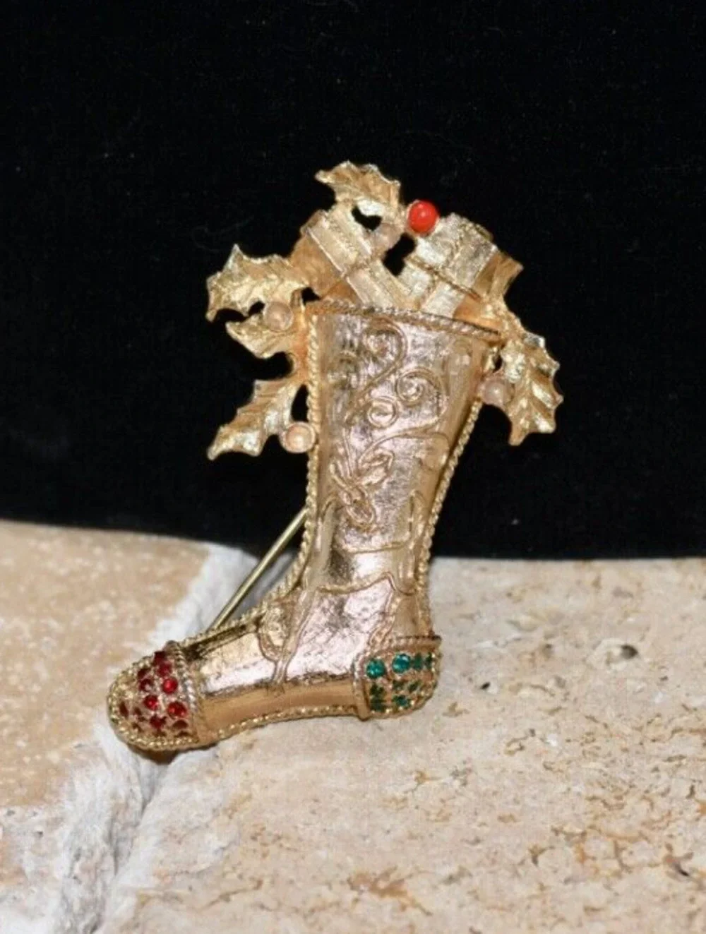 Napier Ruby Sapphire Rhinestone Christmas Stocking Gold Plated Signed NICE